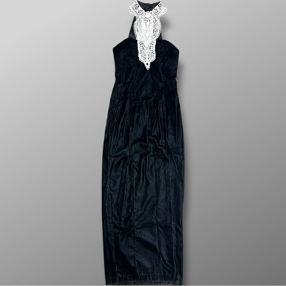 Marnie West Vintage Black Velvet Halter Dress White Lace Formal Sz 3 USA